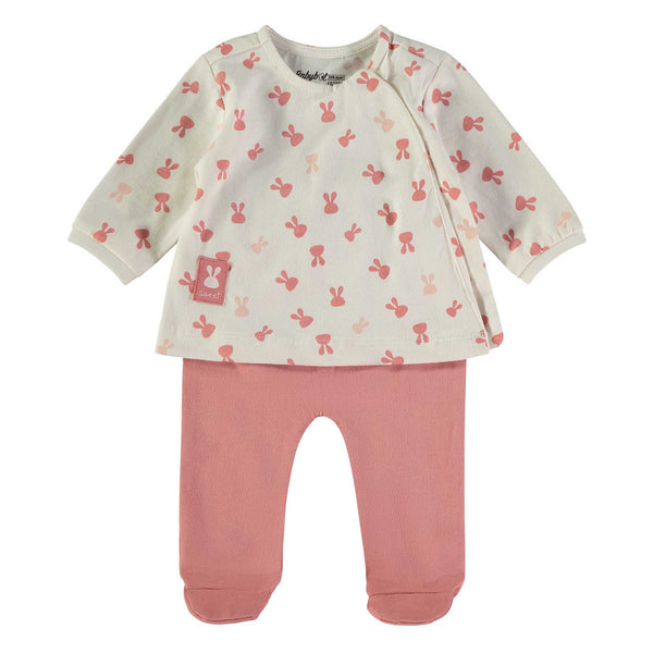 Babybol | 160402 Pink and White Bunnies Two Piece Top and Footed Pants Set