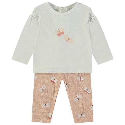 Babybol | 160801 Off-White Butterfly T-Shirt and Salmon Pants Set