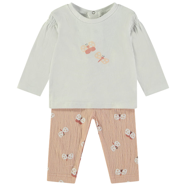 Babybol | 160801 Off-White Butterfly T-Shirt and Salmon Pants Set
