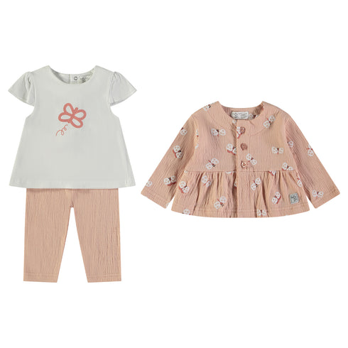 Babybol | 160840 Salmon Butterflies Three Piece Top, Pants and T-Shirt Set