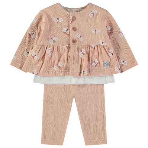 Babybol | 160840 Salmon Butterflies Three Piece Top, Pants and T-Shirt Set