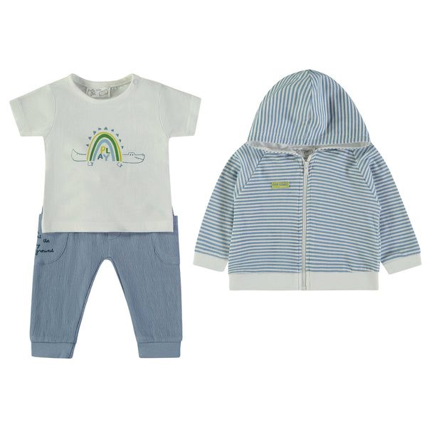 Babybol | 160843 Blue Striped Hoodie, Crocodile T-Shirt and Pants 3-Piece Set