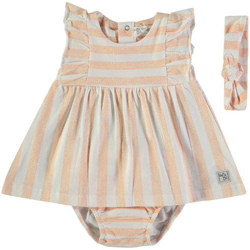 Babybol | 160850 Striped Salmon Pink and White Dress, Pants and Headband Set