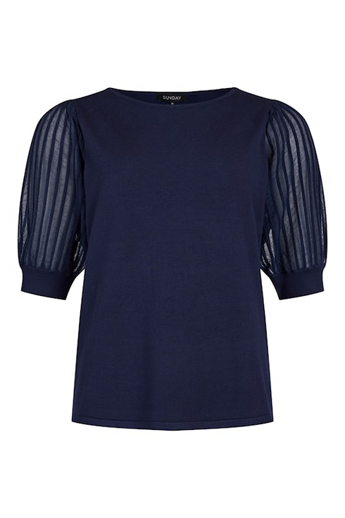 SUNDAY Navy Sheer Plisse Sleeve Pullover — Regular Fit | 6025-6440