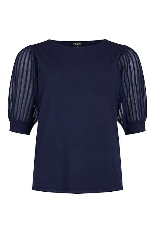 SUNDAY Navy Sheer Plisse Sleeve Pullover — Regular Fit | 6025-6440