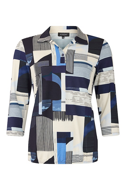 SUNDAY Royal Blue Abstract Geometric Polo Collar Blouse | 6034-6507
