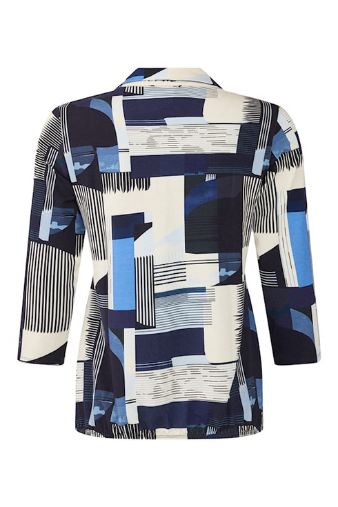 SUNDAY Royal Blue Abstract Geometric Polo Collar Blouse | 6034-6507