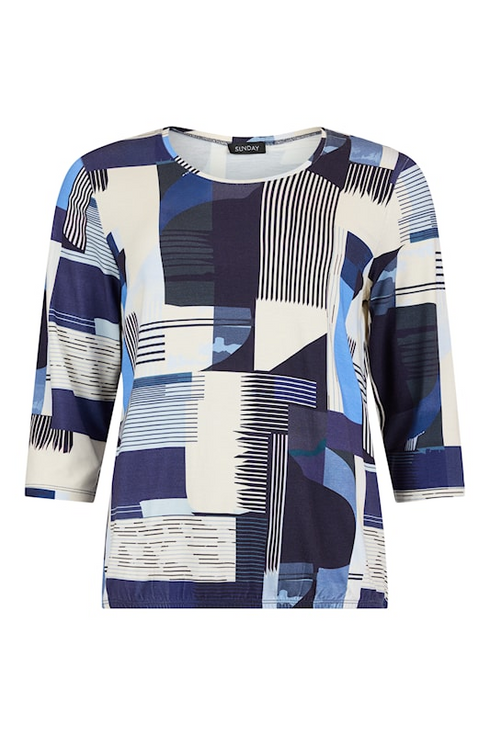 SUNDAY Royal Blue Abstract Geometric Round Neck T-Shirt — Relaxed Fit | 6039-6507
