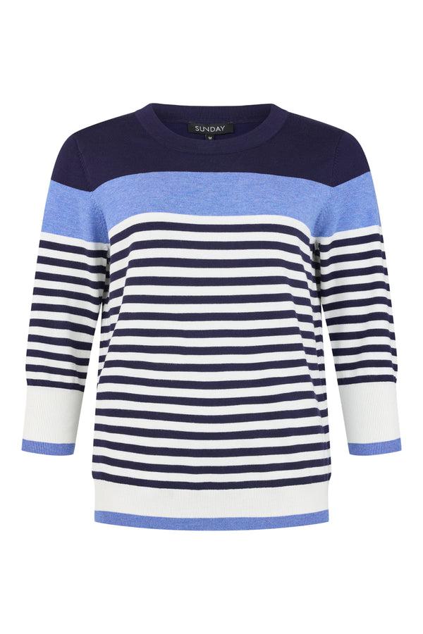 Sunday Round Neck Striped Block-Colour Pullover – Navy – 6253-6485-0