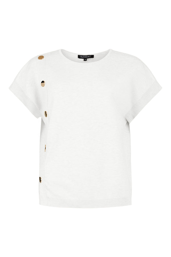 Sunday V-Neck 1/4 Sleeve Knitted Top in Cream with Side Button Detail – 6838-6030-11