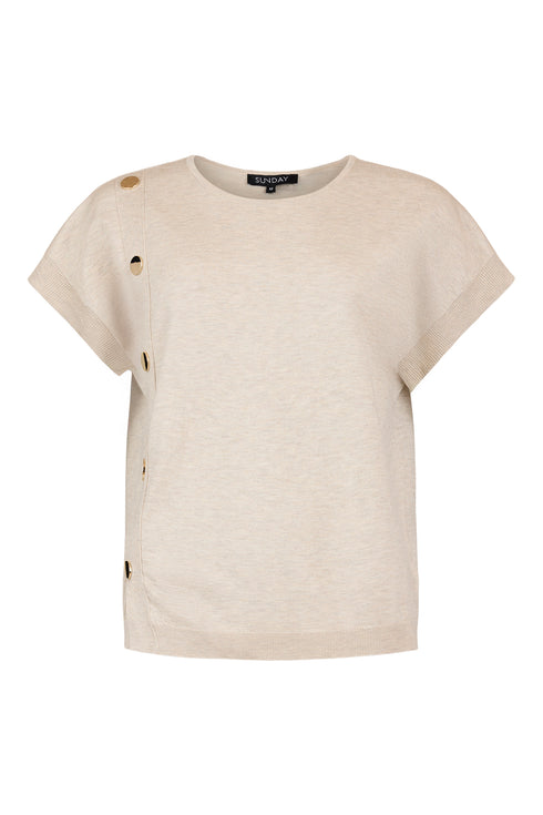 Sunday V-Neck 1/4 Sleeve Knitted Top in Sand with Side Button Detail – 6838-6030-0