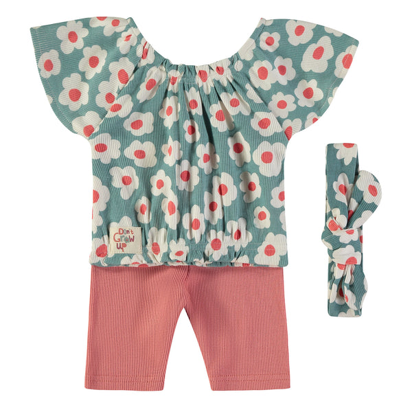 Babybol | Moss Green Flower Print Top, Pants and Headband Set 161000