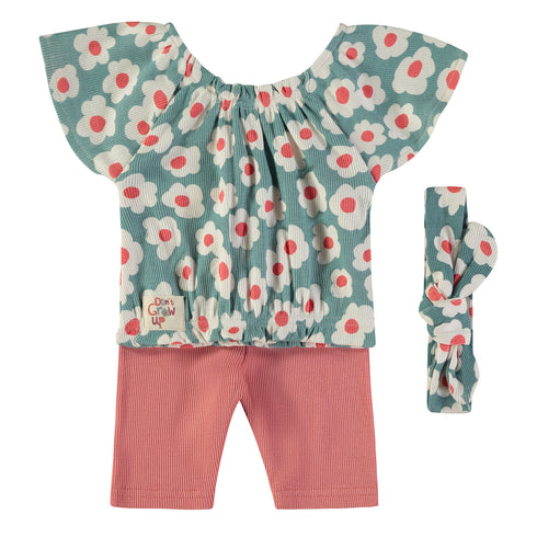 Minibol | Moss Green Flower Print Top, Pants and Headband Set 161000-1