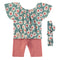 Minibol | Moss Green Flower Print Top, Pants and Headband Set 161000-1