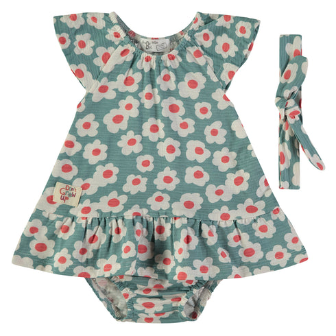 Babybol | 161002 Moss Green Floral Dress, Nappy Cover and Headband Set