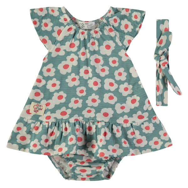 Babybol | 161002 Moss Green Floral Dress, Nappy Cover and Headband Set