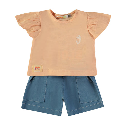 Babybol | 161039 Peach Short Sleeve Top, Blue Shorts and Blue Trousers Set