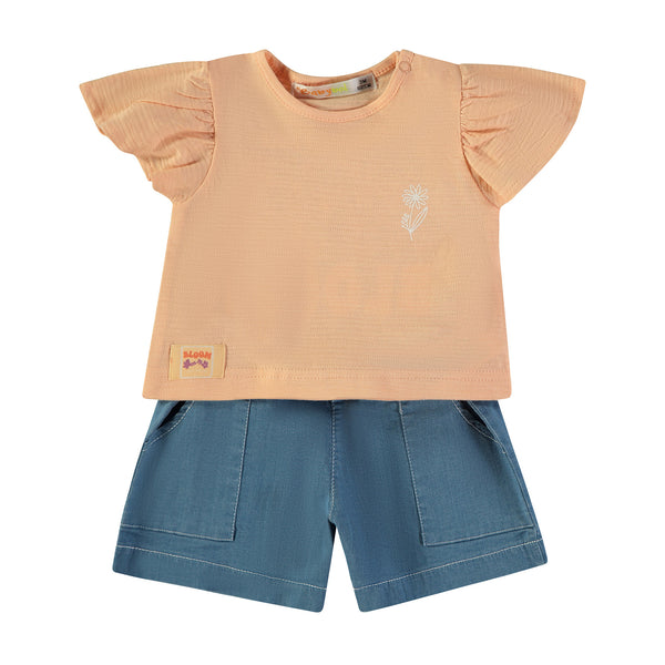 Babybol | 161039 Peach Short Sleeve Top, Blue Shorts and Blue Trousers Set