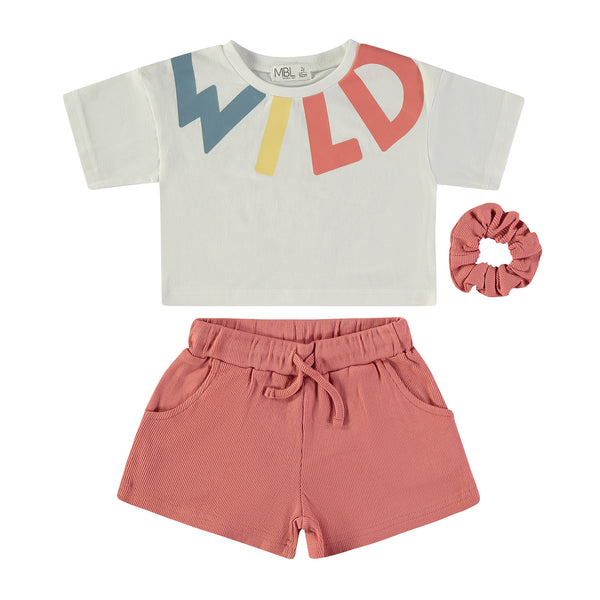 Minibol | 161304 White Wild T-Shirt, Orange Shorts and Scrunchie Set