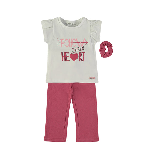 Minibol | 161314 Follow Your Heart White T-Shirt, Fuchsia Leggings and Scrunchie Set