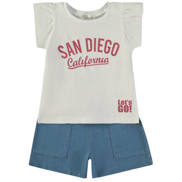 Minibol | 161324 White and Pink San Diego T-Shirt and Blue Shorts Set