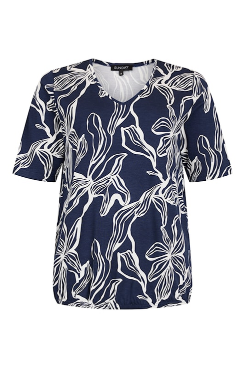 SUNDAY Navy Abstract Leaf V-Neck T-Shirt — Relaxed Fit | 6087-6522