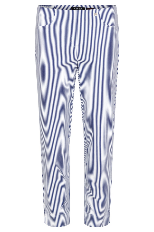 Robell Bella 09 7/8 Trousers Deep Cobalt Blue Stripes 68cm Straight Fit Pull-On 52642-5674