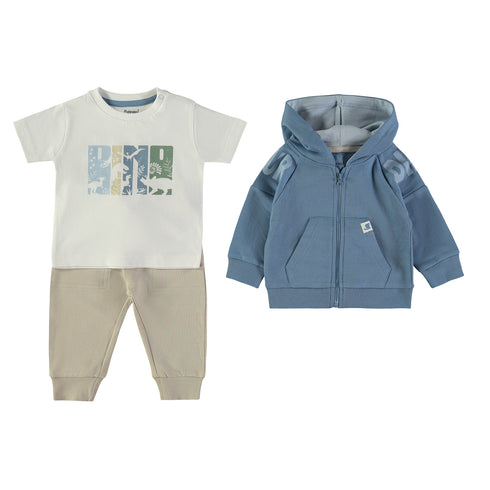 Minibol | 162009-1 Blue Zip Hoodie, Dinosaur T-Shirt and Joggers 3-Piece Set