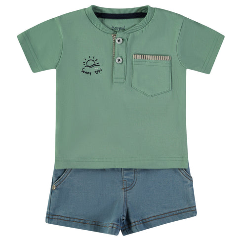 Babybol / Minibol | 162024 Green Sunny Day T-Shirt and Denim Blue Shorts Set