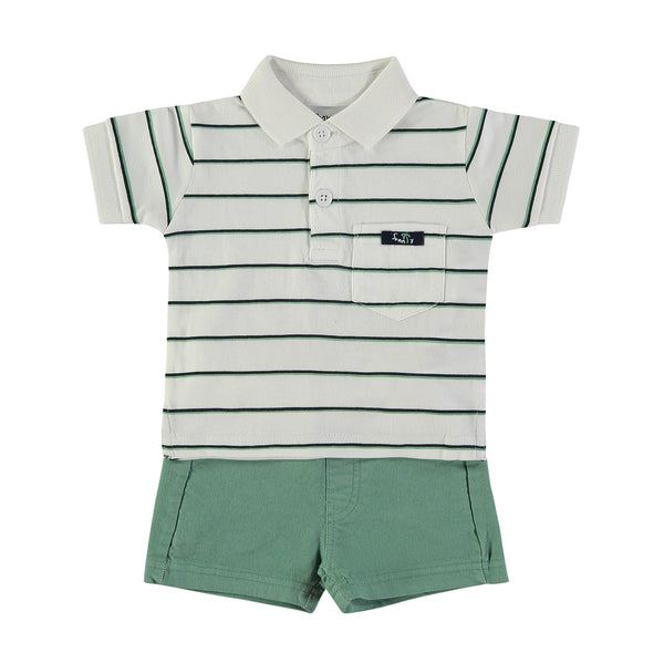 Babybol | 162025 White and Green/Navy Striped Polo Shirt and Green Shorts Set