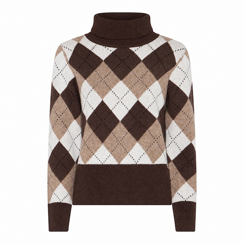 Micha Womens Argyle Poloneck Knit Jumper with Sequins 183151 68966 - Cocoa Brown/Camel