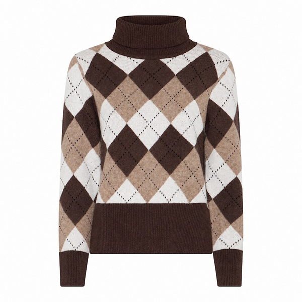 Micha Womens Argyle Poloneck Knit Jumper with Sequins 183151 68966 - Cocoa Brown/Camel