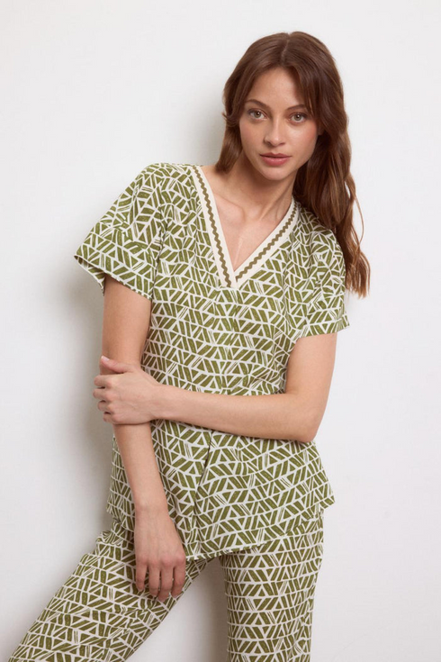 Tinta Coral Women's Tinos Khaki Printed Ruffle Sleeve Blouse