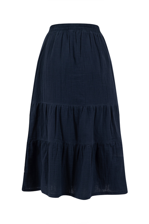 Weird Fish Lathika Organic Cotton Tiered Midi Skirt Navy 202758