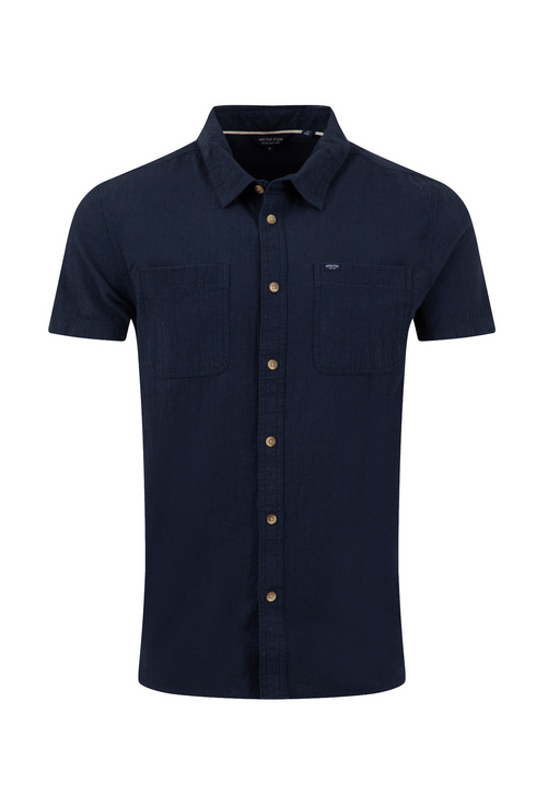 Weird Fish Hinton Short Sleeve Navy Textured Crepe Shirt 203370
