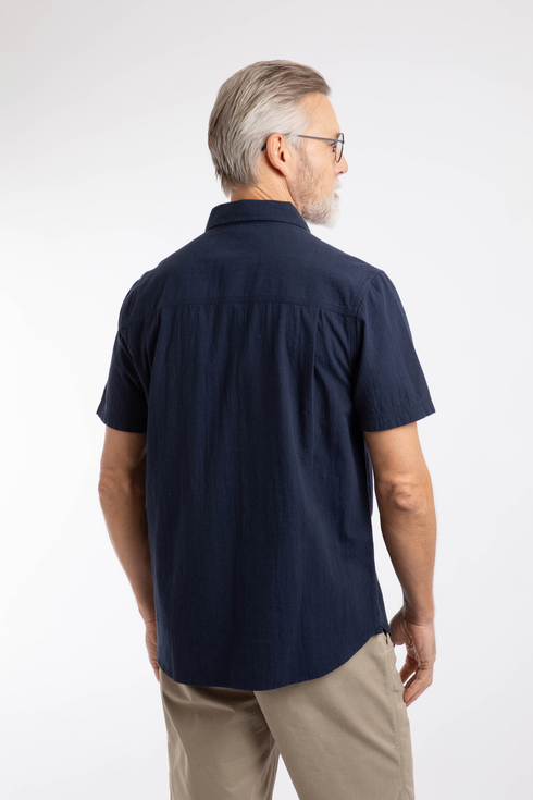 Weird Fish Hinton Short Sleeve Navy Textured Crepe Shirt 203370