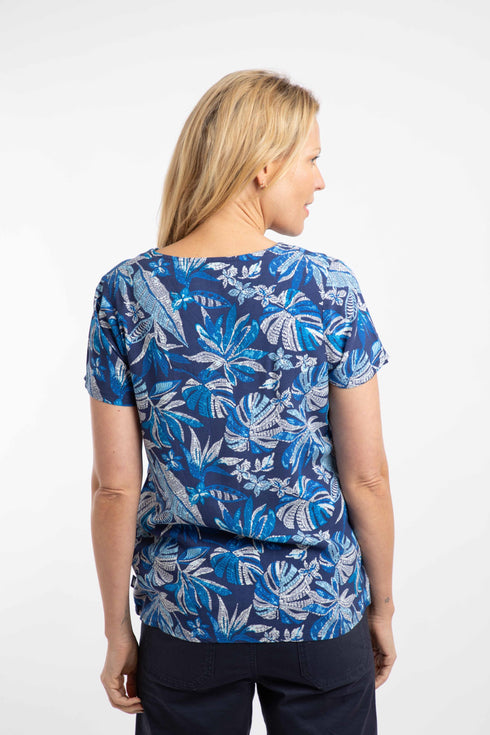 Weird Fish Womens Blue Indigo Solle Printed V-Neck Top 203992