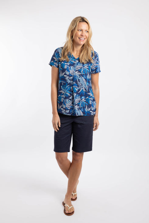 Weird Fish Womens Blue Indigo Solle Printed V-Neck Top 203992