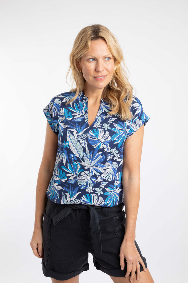 Weird Fish Alia Organic Cotton Printed Jersey Top - Blue Indigo 204046