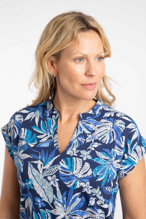 Weird Fish Alia Organic Cotton Printed Jersey Top - Blue Indigo 204046