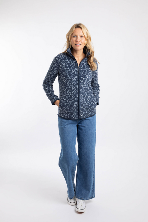 Weird Fish Rochelle Full Zip Printed Microfleece Night Blue Brushed Fabric 204093