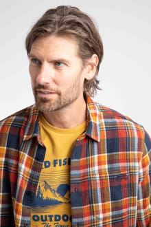 Weird Fish Broxton Long-Sleeve Herringbone Check Shirt 204347 - Dark Navy / Orange