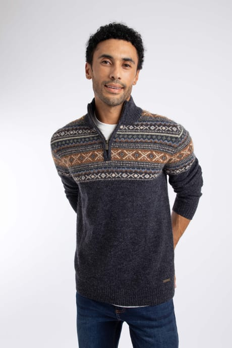 Weird Fish Larner 1/4 Zip Wool Blend Fair Isle Jumper 204355 MIDN - Midnight