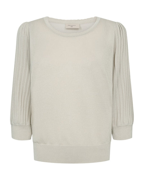 Freequent FQGLITTA Shimmer Metallic 3/4 Sleeve Pleated Jumper 205244MB - Moonbeam Beige
