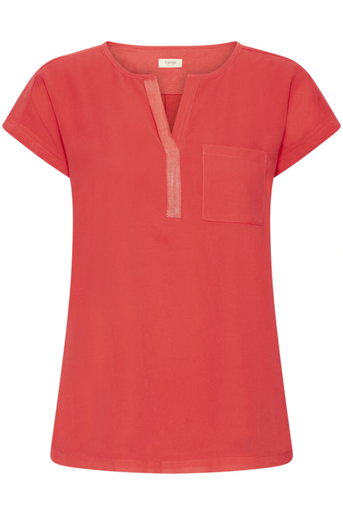 Fransa FRZawov Blouse Hibiscus Red Short Sleeve V-Notch Neck 20603737