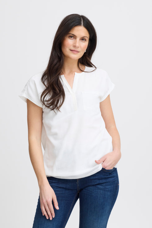 Fransa FRZawov Blouse Antique White Short Sleeve V-Notch Neck 20603737
