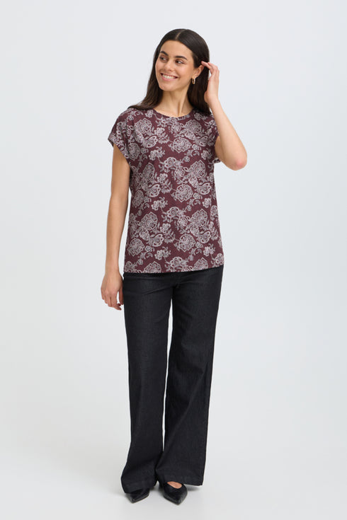 Fransa Womens Seen Floral Print Short Sleeve T-Shirt 20610634 GM - Garden Muse Port Royale