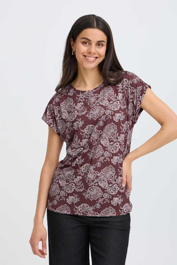 Fransa Womens Seen Floral Print Short Sleeve T-Shirt 20610634 GM - Garden Muse Port Royale