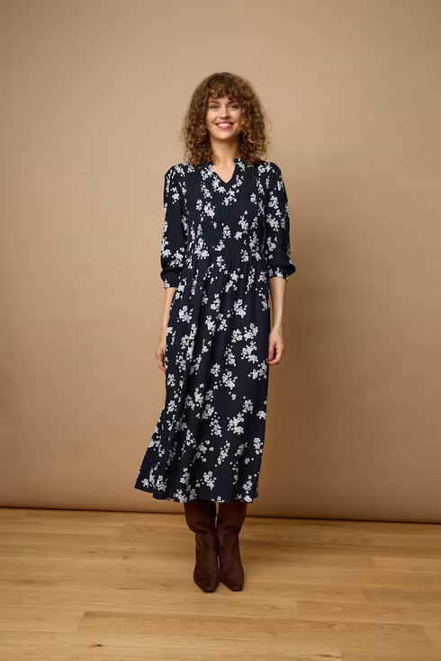 Fransa Womens Lalu V-Neck Midi Dress 20613512 - Scatter Floral Salute Blue