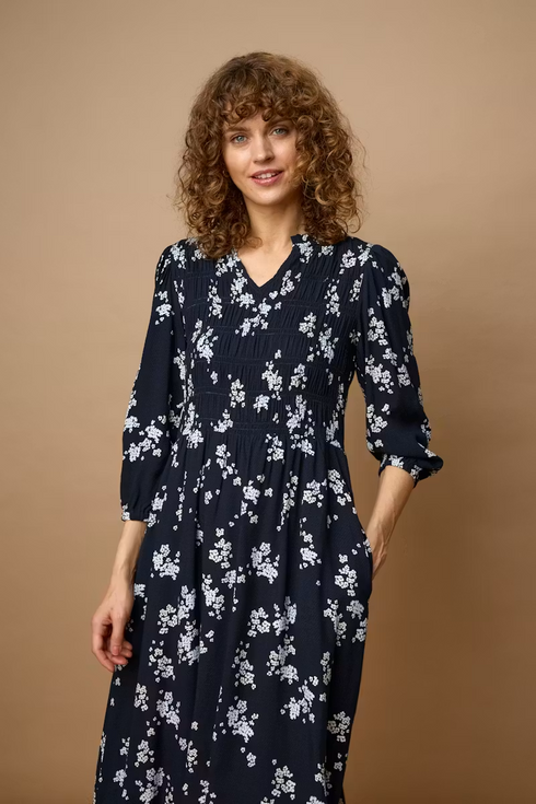 Fransa Womens Lalu V-Neck Midi Dress 20613512 - Scatter Floral Salute Blue
